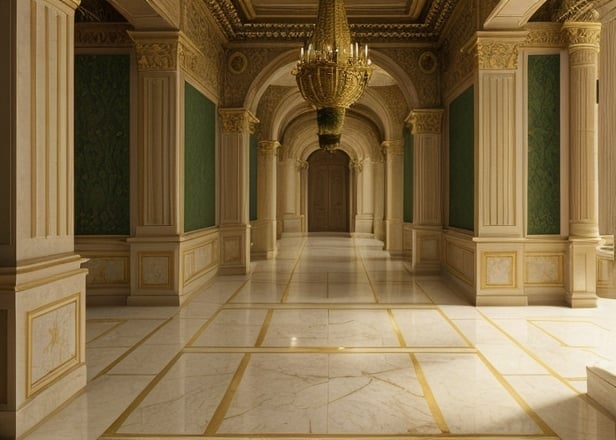 Prompt: Palace hallway
Hallway
Palacial
Opulent
Beautiful
Intricate stone floors
Simple and expensive decoration
Gold and green themes
Realistic
Vivid
Fantasy world
Dungeons and dragons setting
Lifelike
Fancy
