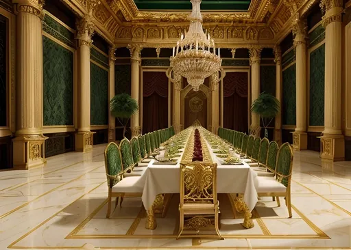 Prompt: a magnificent feasting hall inside a palace
Palacial
Opulent
Beautiful
Intricate stone floors
Simple and expensive decoration
Gold and green themes
Plants
Large dinner party for the royal court
Realistic
Vivid
Fantasy world
Dungeons and dragons setting
Lifelike
Feast
Royal court dinner
Multiple tables
Populated
Fancy
Huge room
Feast hall
Not a small affair