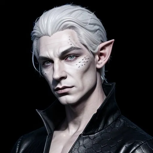 Prompt: Male elf villain
Masculine
Elf
Dungeons and dragons character art 
White hair
Tan skin
Kind
Ruddy
White dragon scales on his face 
White birthmark that looks like scales
Handsome
White dragon scale markings on his cheek and neck
Prominent birthmark on his face that looks like white dragon scales
White dragon scales on part of his face 
White Dragon scale birthmark 
Vivid
Clear
Detailed
Confident
Magical
Strong
Nice clothes
Magical gear
Intimidating
Well dressed
Full body view
Cloaked
Dark clothing
White dragon scales on his face
Wears black
Confident
Vivid eyes
Lots of detail
Realistic
Noticeable dragon scales
Dark theme
Fully clothed in dark clothing
Long hair