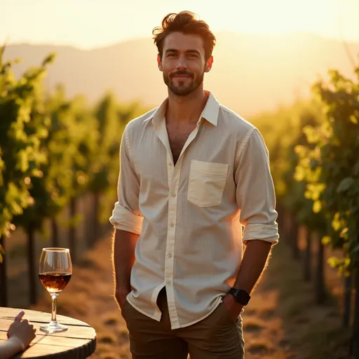 Prompt: A kind-faced man in his mid-30s (around 180cm tall), standing in a sunlit vineyard at golden hour. Lean athletic build, wearing a slightly rumpled linen shirt with rolled sleeves and tailored trousers. Soft stubble, warm brown eyes with crinkles at the corners, and a relaxed smile that suggests quiet confidence. His posture is open, one hand casually holding a wine glass, the other in his pocket. Beside him, a faint reflection of a woman’s hand (implied to be yours) resting on a wooden table, suggesting connection without showing age. Soft watercolor-like lighting, warm amber and olive tones, nostalgic European summer atmosphere. Style: romantic realism with a touch of film grain --ar 16:9 --v 6 --style raw --stylize 600