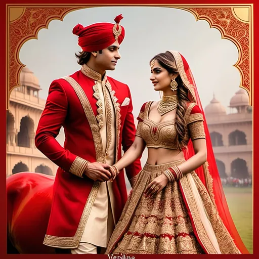 Prompt: Make a red as aesthetic wedding card for rajput wedding with golden writings for virendra deora and neetu rathore invitation for wedding on 18th January, it should have a groom on horse in golden design with beautiful golden borders make it minimal 2d image