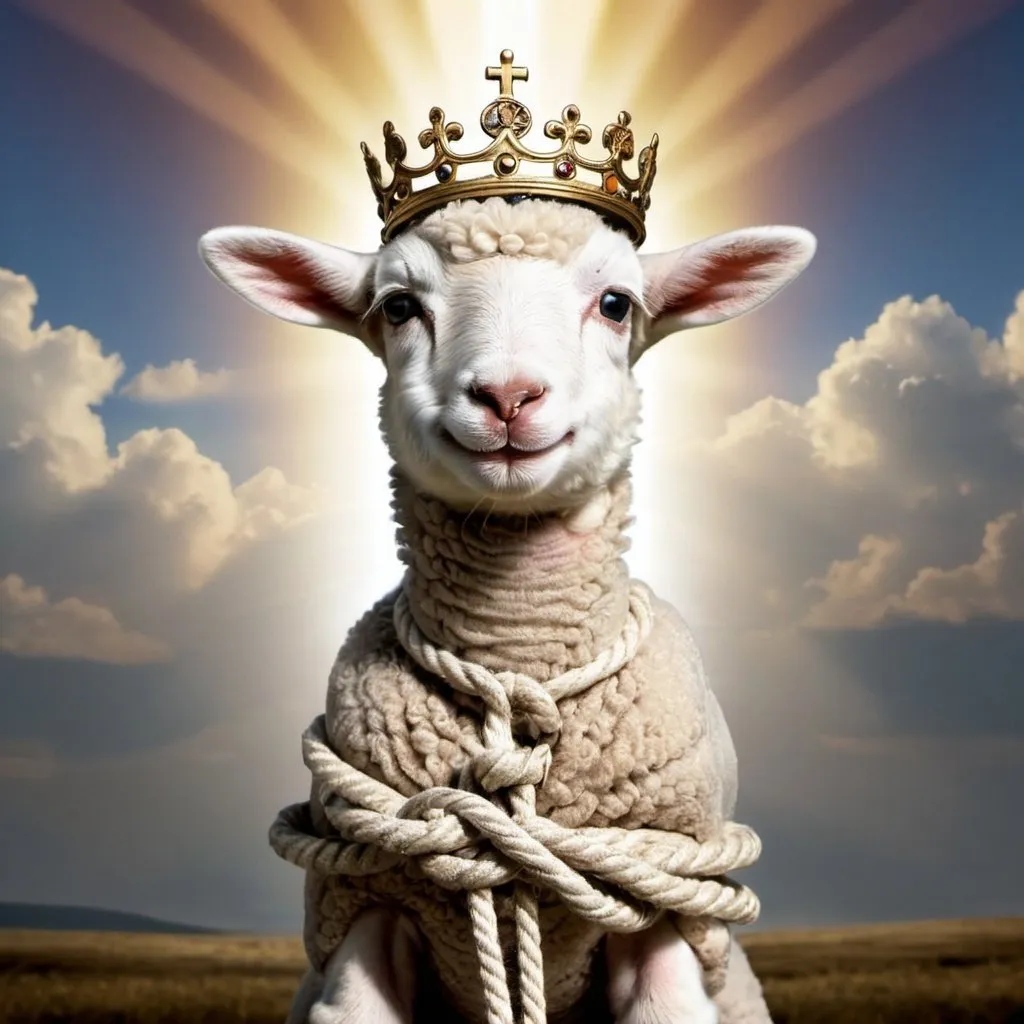 Prompt: A picture of a lamb being tied up and ready to sacrifice. In heaven with a kings crown in the background representing the Lamd Of God is king