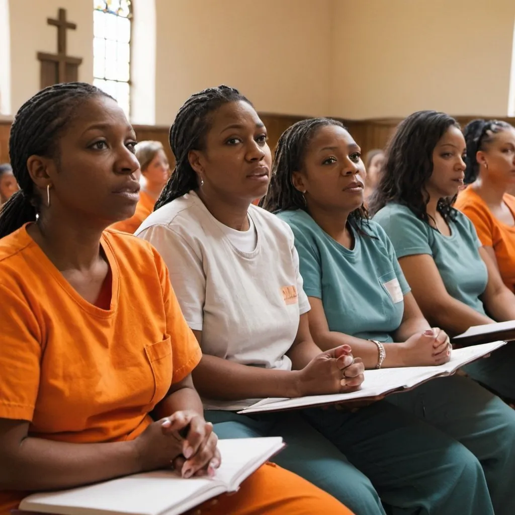 Prompt: women in prison in a church meeting