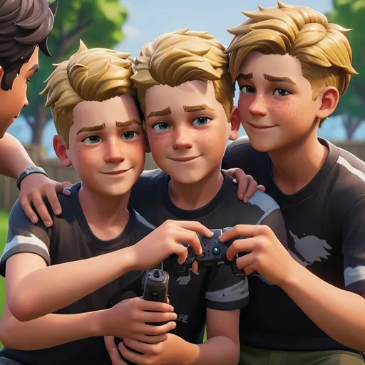 Prompt: give me an image of young boys playing together aND being groomed to be gay by the Fortnite game. 