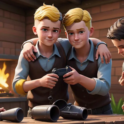 Prompt: give me an image of young boys playing together aND being groomed to be gay by the Fortnite game AND EXPLAIN THE IMAGE

