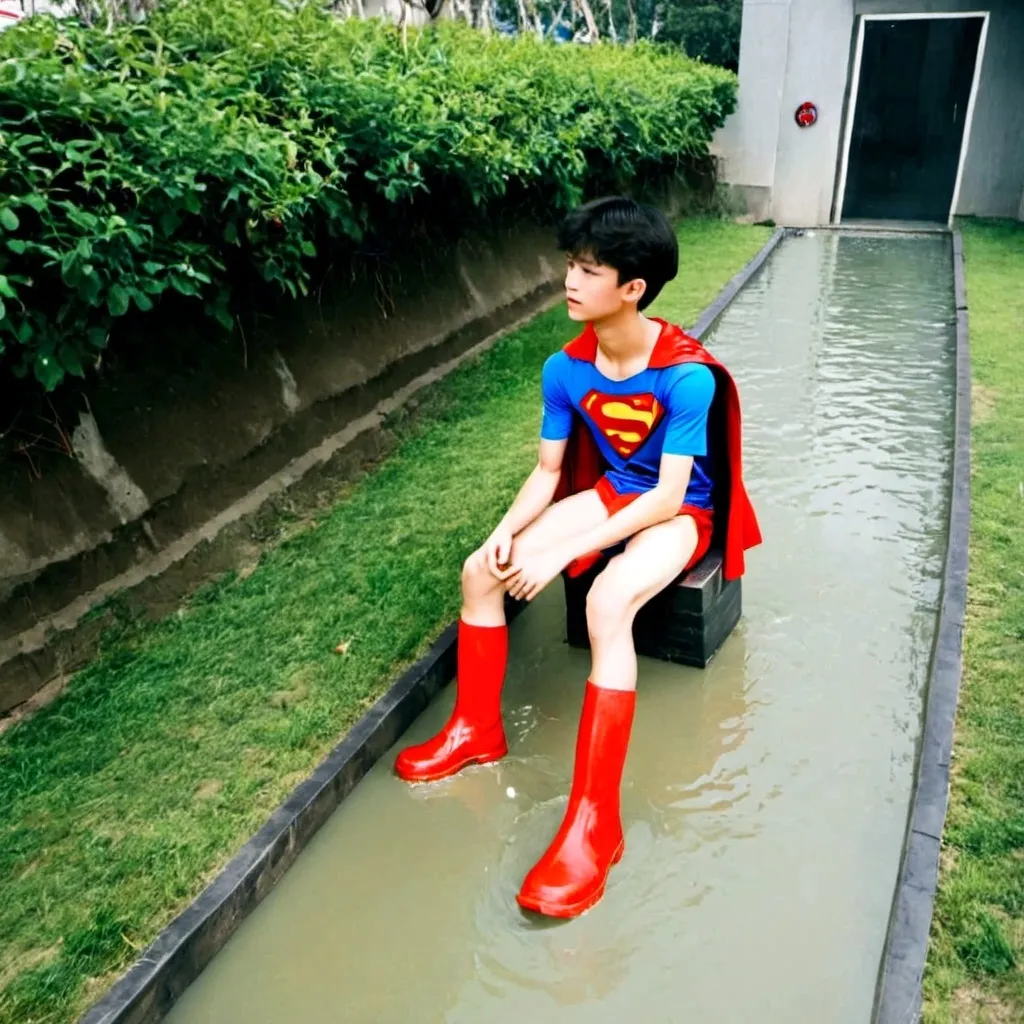 Prompt: A Chinese teen in Superman Costumes with shorts and red rubber boots 