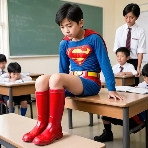 Prompt: A 12 years old Intermediate school Asian boy in Superman customs with shorts and red rubber boots lay down on a desk on his back. His legs extend forward. His boots are being pulled out by teacher. His legs are lifted by a headmaster. His socks will be inspected after the removal of boots