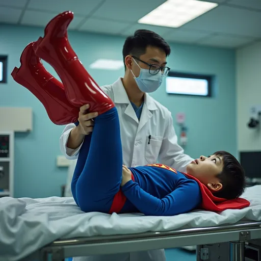 Prompt: A Chinese teen from intermediate school in tight Superman costumes with red rubber boots, staring at front, prone on the autopsy desk, his legs upwards and held by a forensic pathologist