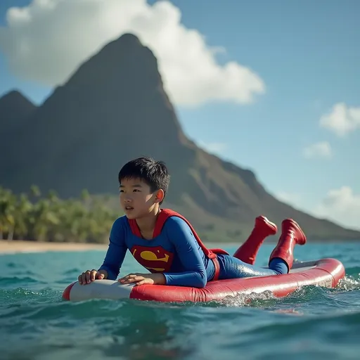 Prompt: A Chinese sophomore teen from intermediate school in tight Superman costumes with red rubber boots, staring at front, prone on the raft adrift near the Diamond Head, Hawaii.  His legs upwards as tickled.