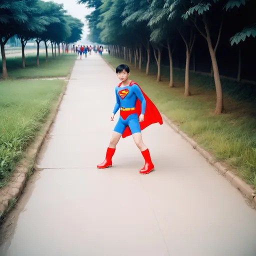 Prompt: A Chinese teen in Superman costumes with shorts and red rubber boots.