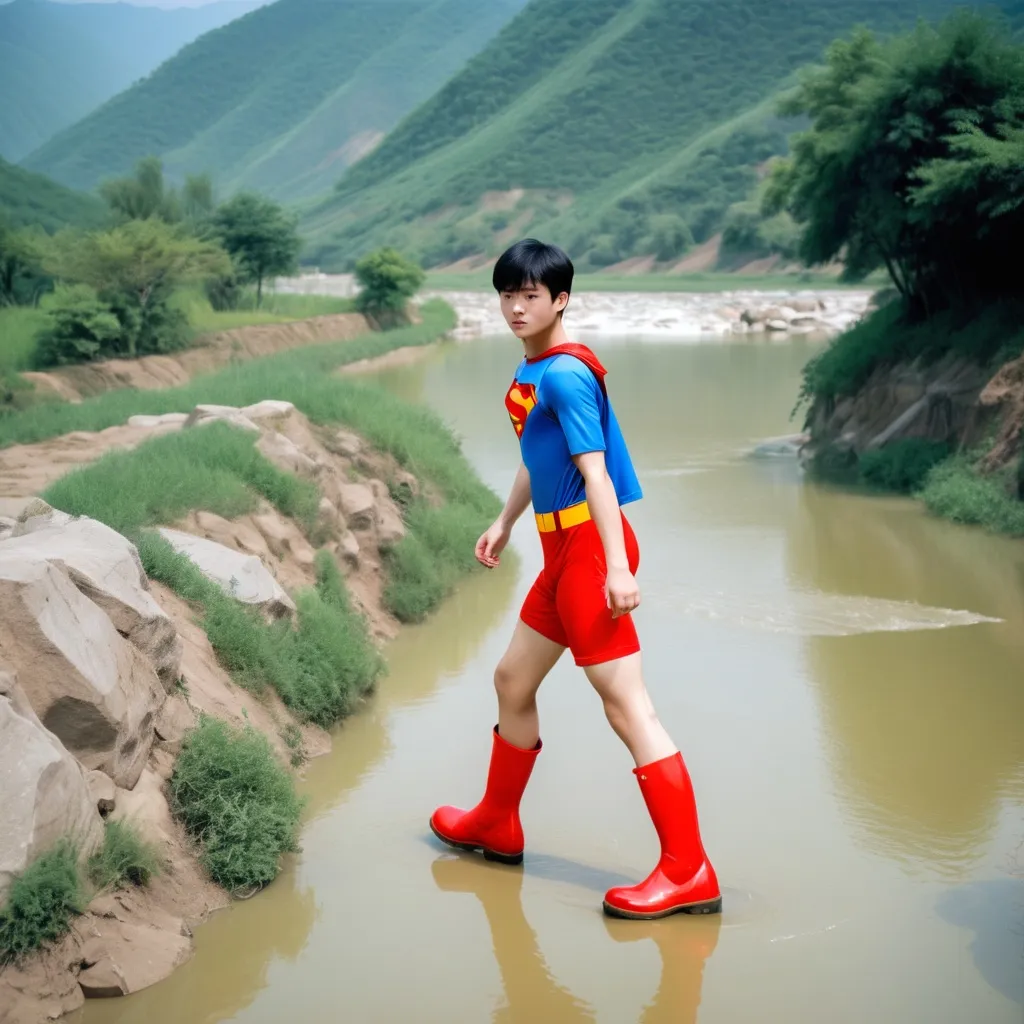 Prompt: A Chinese teen in Superman Costumes with shorts and red rubber boots 