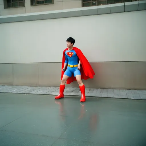 Prompt: A Chinese teen in Superman costumes with shorts and red rubber boots.