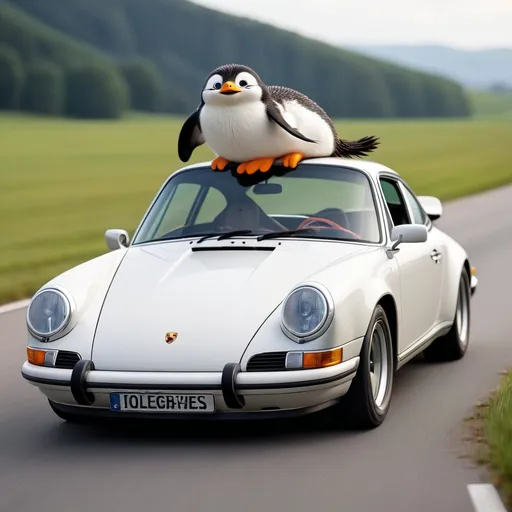 Prompt: a peungiun in a porsche 911