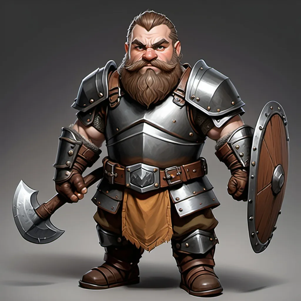 Prompt: Male dwarf warrior, light brown hair and beard, hazel/brown eyes, scale armor covering torso and arms, hand axe  in right hand, circular iron shield in left hand. dark grey leather gloves