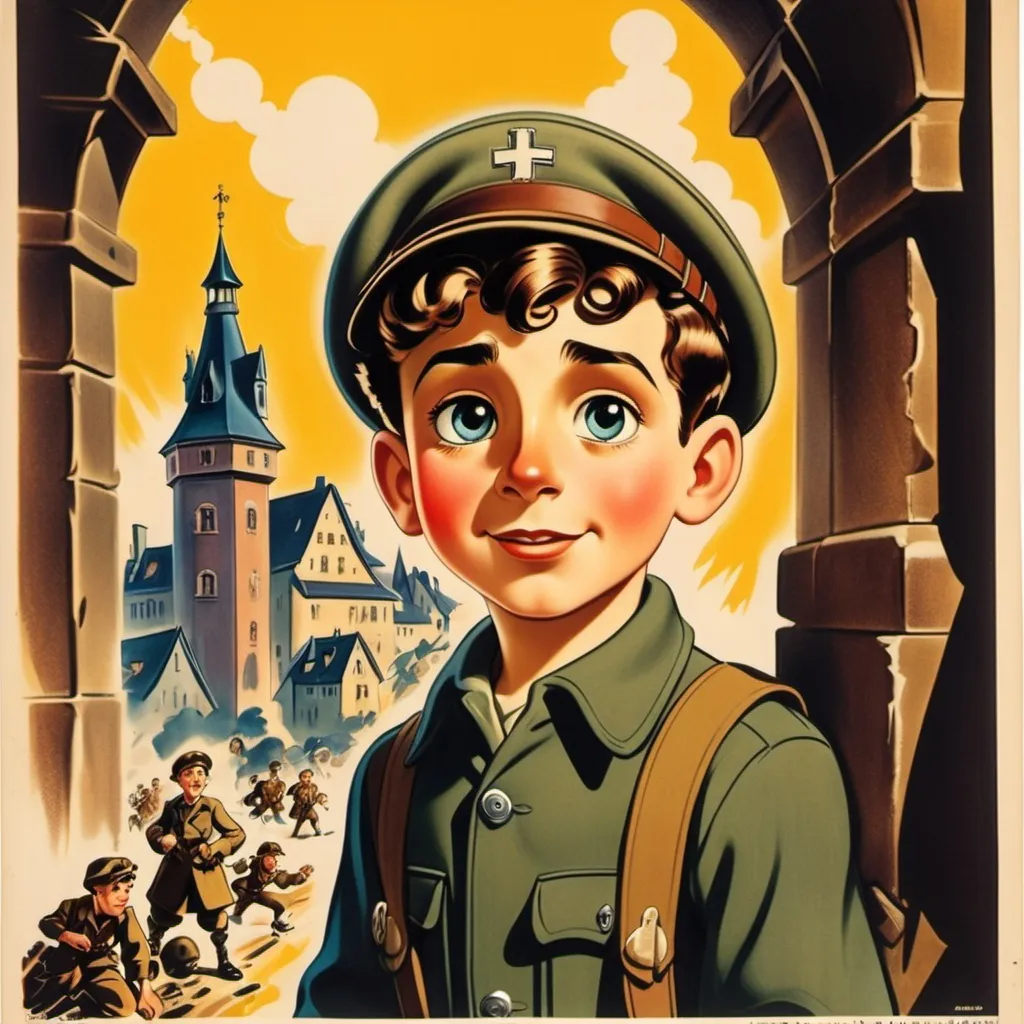 Prompt: Disney style movie poster Jewish boy in Germany during world war II