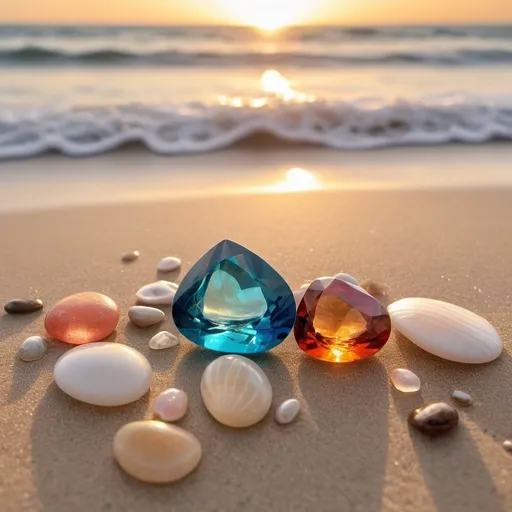 Prompt: Under the gentle caress of the waves and the glow of the sunset, the colorful beach gems lie quietly in the soft sand, as if they were meticulously crafted by nature. Each gem is a precious gift left by the tides, shimmering with a unique brilliance in the sea breeze. These natural treasures hold the secrets of the ocean and the stories of time, like precious jewels shining in the sunlight, waiting to be discovered and cherished. With the sun on the horizon and a level view, this serene scene invites you to immerse yourself in the beauty of nature's artistry.