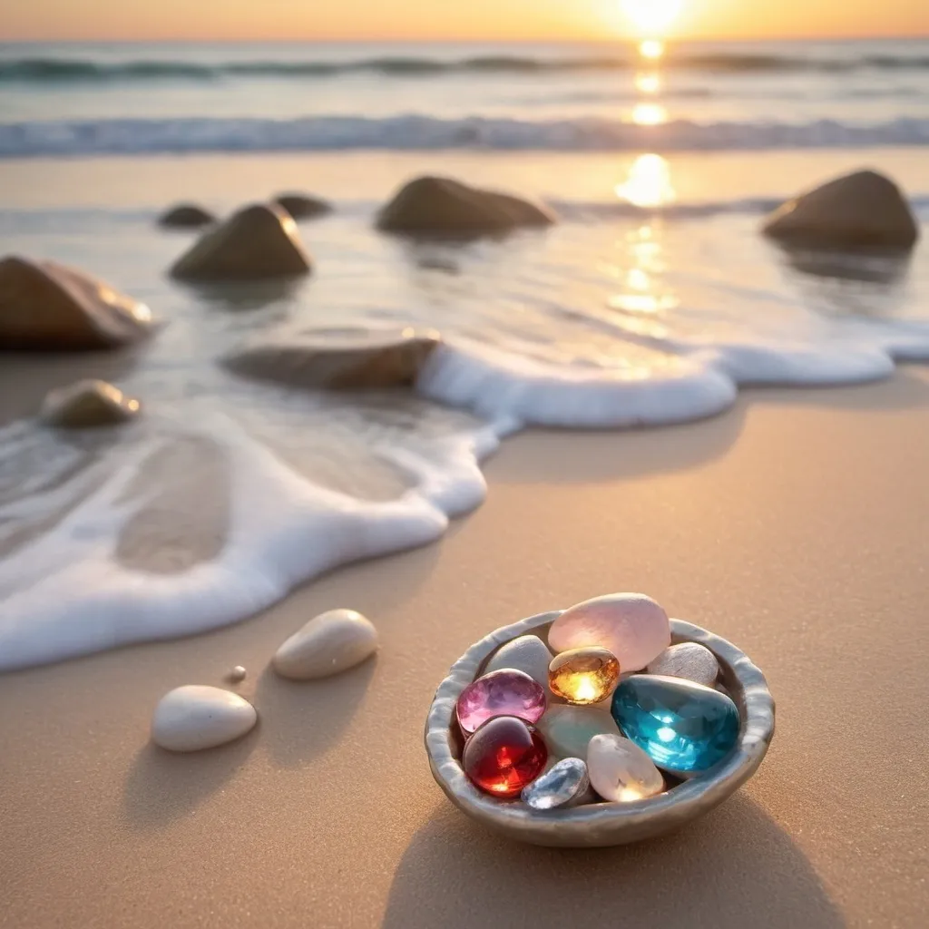 Prompt: Under the gentle caress of the waves and the glow of the sunset, the colorful beach gems lie quietly in the soft sand, as if they were meticulously crafted by nature. Each gem is a precious gift left by the tides, shimmering with a unique brilliance in the sea breeze. These natural treasures hold the secrets of the ocean and the stories of time, like precious jewels shining in the sunlight, waiting to be discovered and cherished. With the sun on the horizon and a level view, this serene scene invites you to immerse yourself in the beauty of nature's artistry.