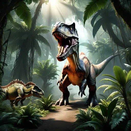 Prompt: A highly detailed and realistic scene of a massive dinosaur in a dense, prehistoric jungle. The jungle is filled with towering trees, thick vines, and misty air, with sunlight filtering through the canopy. The dinosaur, a fierce-looking T-Rex , has sharp teeth, scaly textured skin, and glowing eyes. The environment feels alive with small creatures, exotic plants, and a mysterious atmosphere. Ultra HD, hyper-realistic, cinematic lighting, 8K resolution, National Geographic style.