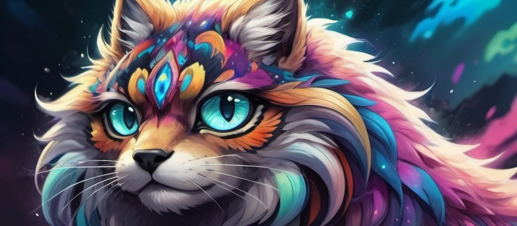 Prompt: Anime illustration of an animal, vibrant colors, fantasy setting, magical aura, detailed fur with colorful highlights, expressive eyes, high quality, anime, fantasy, vibrant colors, magical, detailed fur, expressive eyes, mystical lighting