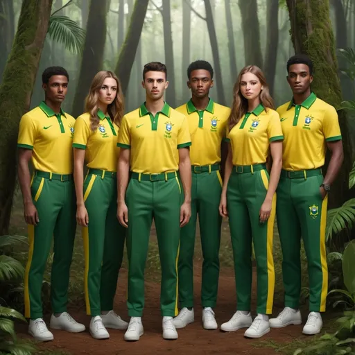 Prompt: photorealistc of a group of people with an uniform for Brazil for the Olympics, green, yellow and some forest aesthetic.. chic and nice