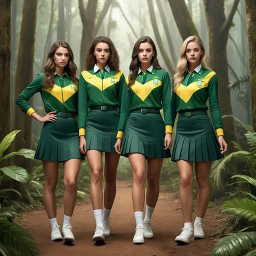 Prompt: photorealistc of a group of people with an uniform for Brazil for the Olympics, forest aesthetic, skirts, animal print chic and nice
