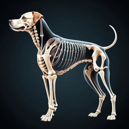 Prompt: (anatomically correct illustration of a dog's X-ray), multiple views, (detailed bone structure), showcasing skeletal system, (natural coloration), education-focused design, high contrast, informative yet engaging, (4K), clear labels, (scientific diagram), ultra-detailed, visually appealing, educational purpose, well-organized layout, for veterinary enthusiasts.