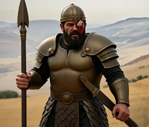 Prompt: Goliath is a towering 9-foot Philistine with a beard in full bronze scale armor, bronze greaves, and a small bronze skull helmet that covers the top, back, sides, and both ears, leaving his face and forehead exposed. His face is covered in blood. A stone is embedded above his right eye. His face is contorted with pain.
He holds a massive bronze spear, and a heavy bronze sword hangs at his side. 
