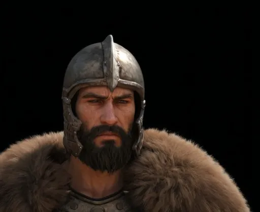 Prompt: A warrior adorned in weathered armor stands with a solemn expression, his head slightly bowed beneath a rugged helmet that suggests a storied past. His face, marked by a thick, dark beard, displays a sense of contemplation or mourning, surrounded by a fur cloak that hints at the harsh environments he might have faced. The muted colors of his attire contrast with the stark black background, emphasizing the texture of his gear and the depth of his features. The mood conveyed is one of resilience coupled with an underlying sadness, hinting at the weight of his experiences as a battle-hardened figure.