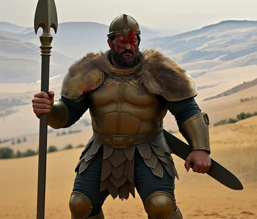 Prompt: Goliath is a towering 9-foot Philistine with a beard in full bronze scale armor, bronze greaves, and a small bronze skull helmet that covers the top, back, sides, and both ears, leaving his face and forehead exposed. His face is covered in blood. He holds a massive bronze spear, and a heavy bronze sword hangs at his side. 