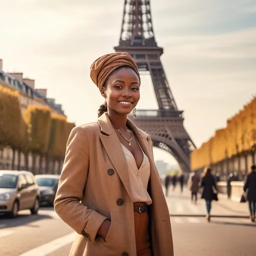Prompt: (female figure), (African woman), in front of the Eiffel Tower, Paris cityscape, vibrant morning light, warm earth tones, elegant attire, slight smile capturing joy, bustling urban background, detailed architecture of Paris, soft focus on the surroundings, emphasizing the iconic landmark, beautiful atmosphere, HD, ultra-detailed.