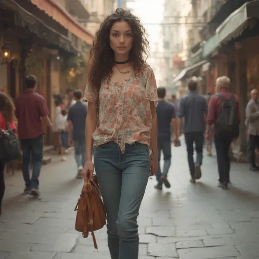 Prompt: Tall young woman walking down the high street, detailed clothing, realistic, natural lighting