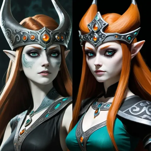 Prompt: Photorealistic images of Princess Midna from Twilight Princess in both of her forms 