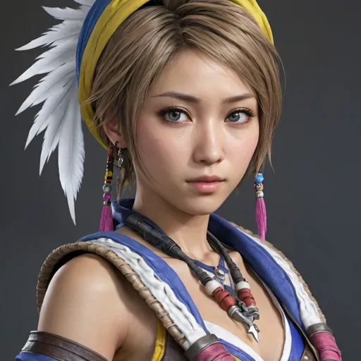 Prompt: Photorealistic images of Yuna from Final Fantasy X-2 in her Gunner costume