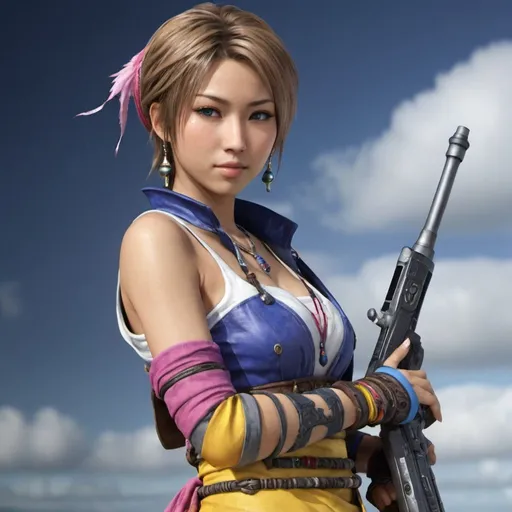 Prompt: Photorealistic images of Yuna from Final Fantasy X-2 in her Gunner costume