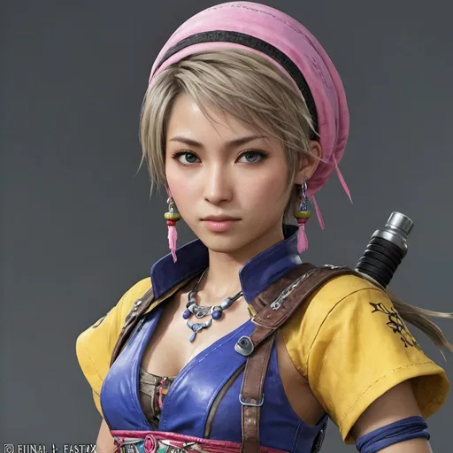 Prompt: Photorealistic images of Yuna from Final Fantasy X-2 in her Gunner costume