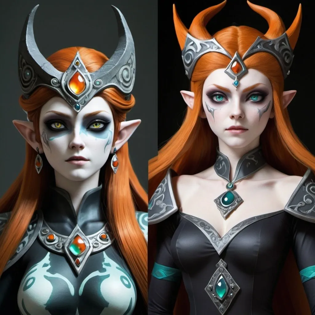 Prompt: Photorealistic images of Princess Midna from Twilight Princess in both of her forms 