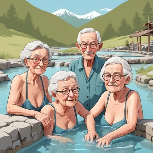 Prompt: three pensioners at the hot springs; cartoon style