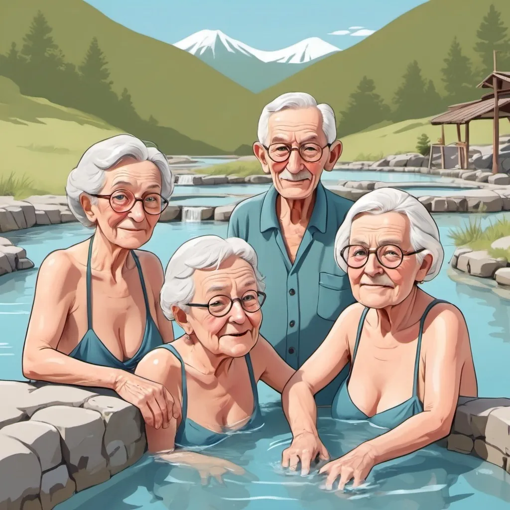 Prompt: three pensioners at the hot springs; cartoon style