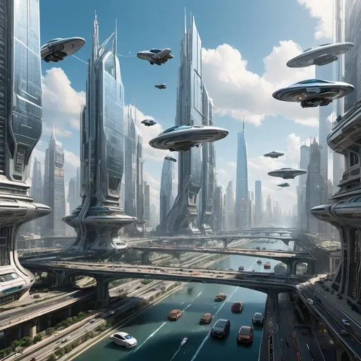 Prompt: A vast futuristic metropolis adorned with towering skyscrapers, suspended bridges, and bustling with flying cars, reminiscent of a dynamic digital artwork.