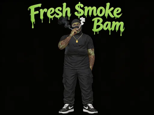 Prompt: Fresh $moke Bam Written in green slime above a zombie version of the man