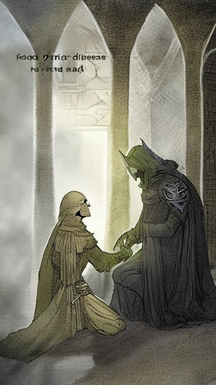 Prompt: A nazgul kneeling before aragon. Aragon sits on a black throne. He wears a crown. The throne of aragon has a few steps. The nazgul hashish face in the ground 