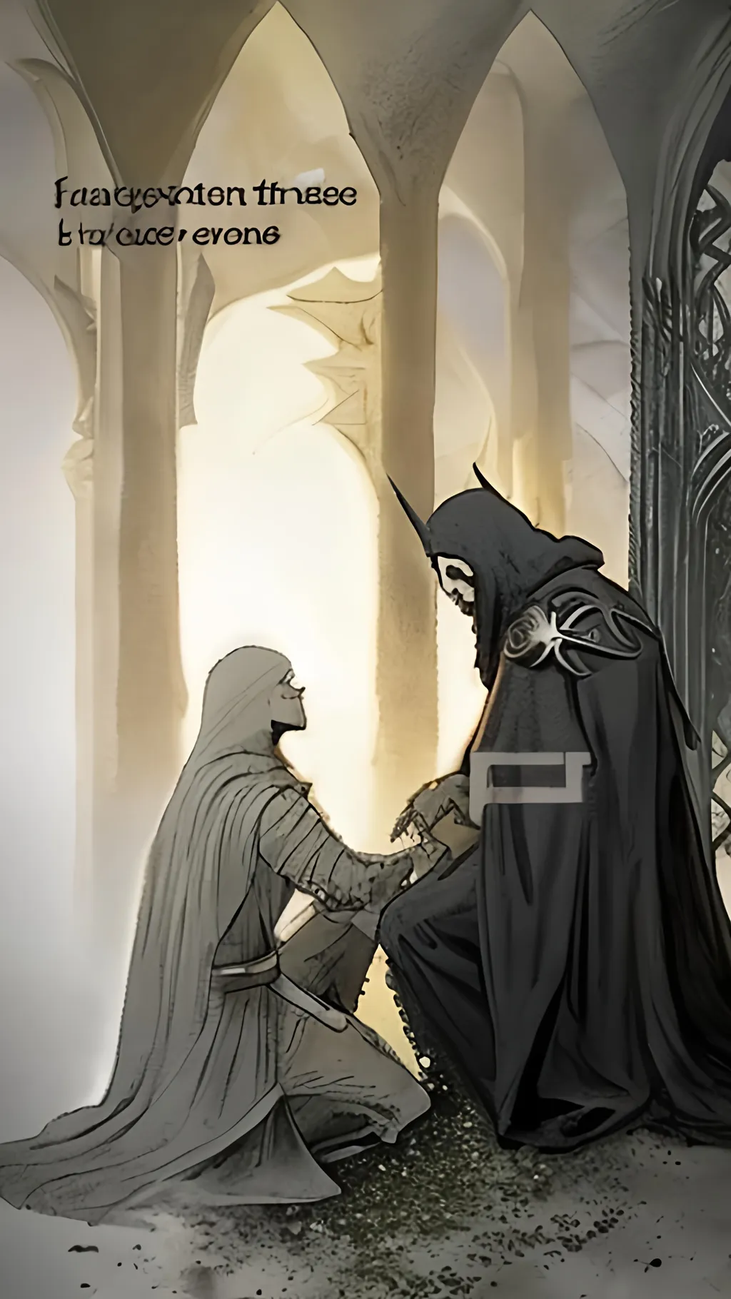 Prompt: A nazgul kneeling before aragon. Aragon sits on a black throne. He wears a crown. The throne of aragon has a few steps. The nazgul hashish face in the ground 