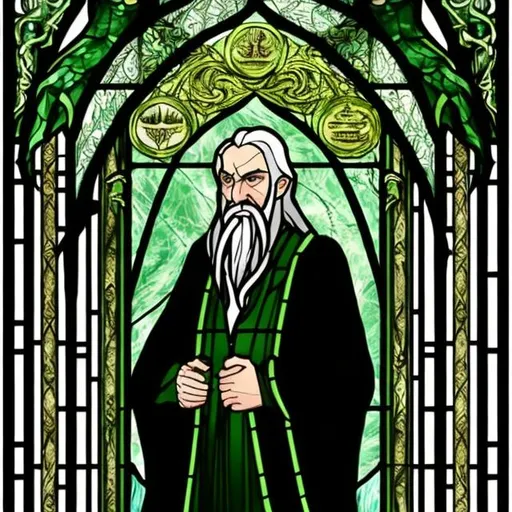 Prompt: Salazar slytherin. He is crown balding. His hairs are black and long. He has a beard. He wears green robes. Full figure. Stained glass style 