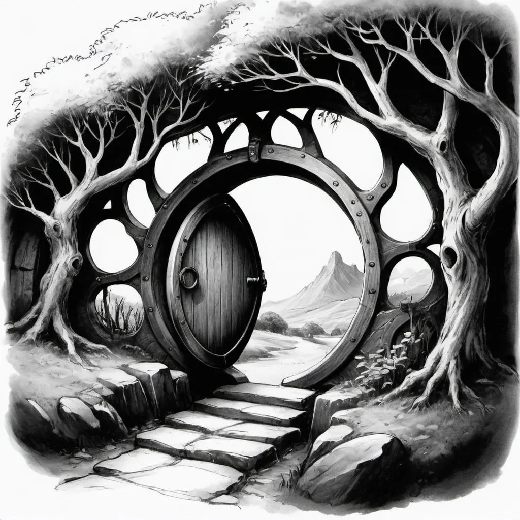 Prompt: A simple black and white sketch that can be used as a tattoo design with a hobbit door leading out to a pathway