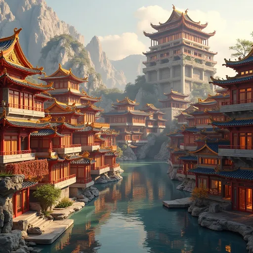 Prompt: (incredible contemporary architectural fusion), a stunning cityscape design combining ((italian renaissance architecture:1.3)) and chinese architecture, showcasing intricate details and harmonious shapes, set against a serene backdrop, vibrant colors accentuating both styles, intricate patterns and forms blending seamlessly, warm, inviting ambiance, (highly detailed), (4K), cinematic quality, a testament to cultural artistry and craftsmanship.