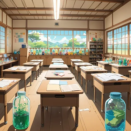 Prompt: 2d studio ghibli anime style, A bright classroom with various recycled materials like plastic bottles, cardboard, and glass jars laid out, anime scene