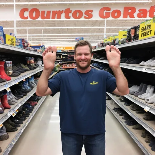 Prompt: james showing off his stinky feet in a walmart. They smell so bad the navy seals came and shot him.