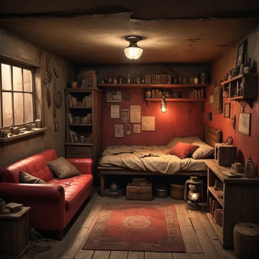 Prompt: A post-apocalyptic bunker, but make it have a "homey" Feeling. Theres a small bed, a bookshelf, a door leading into another room. Theres a small table with a lantern, an old red couch
