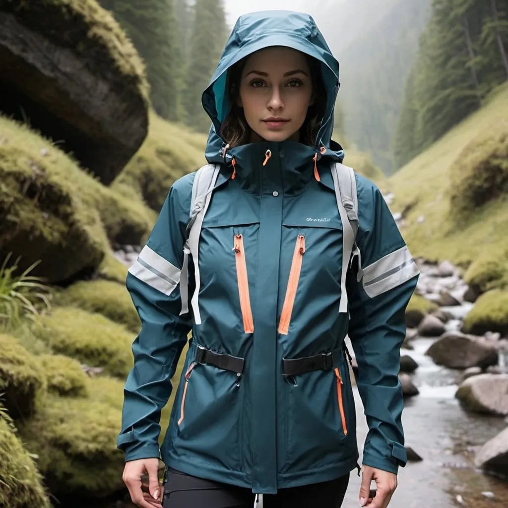 Prompt: Help me design Hiking jacket. detachable sleeves, the hood strap,Reflective details, waterproof zippers, portable


