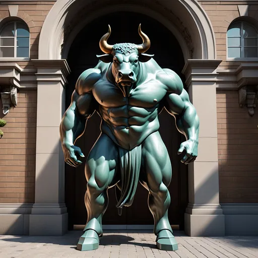 Prompt: a statue of a bull is standing in front of a building with a stone entrance and a brick walkway, Damien Hirst, new sculpture, unreal engine highly rendered, a bronze sculpture